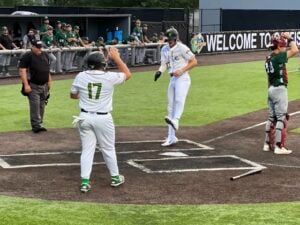 Baseball players high-five after a score at a game. Catcher and umpire stand nearby.