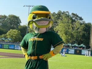 Mascot of Cape Catfish baseball team standing on field. Green and yellow costume with a big smile.