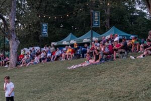 Outdoor crowd watching a game from a grassy hillside with tents and banners.