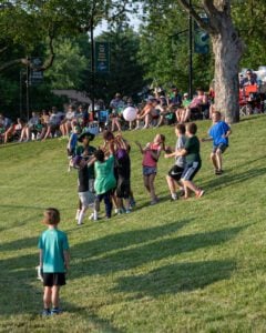 Kids playing baseball on a grassy hill with spectators watching from above.
