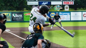 Baseball batter swings at a pitch with catcher behind home plate and outfield advertising.