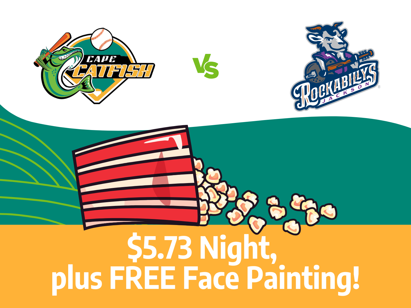 Cape Catfish vs. Rockabillies baseball game promo with $5.73 night & free face painting.