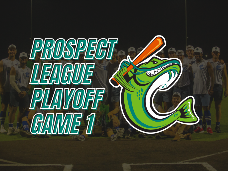 Prospect League Playoff Game 1 text graphic with baseball players and a green alligator mascot.