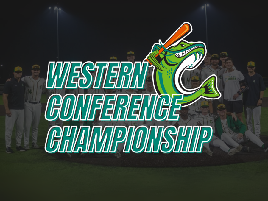 Western Conference Championship graphic featuring a baseball team and a green fish mascot holding a bat.