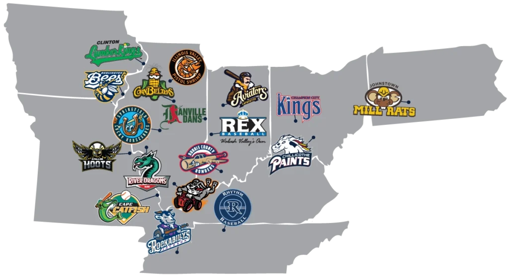 Map of US minor league baseball teams and their logos scattered across gray outlines of states.