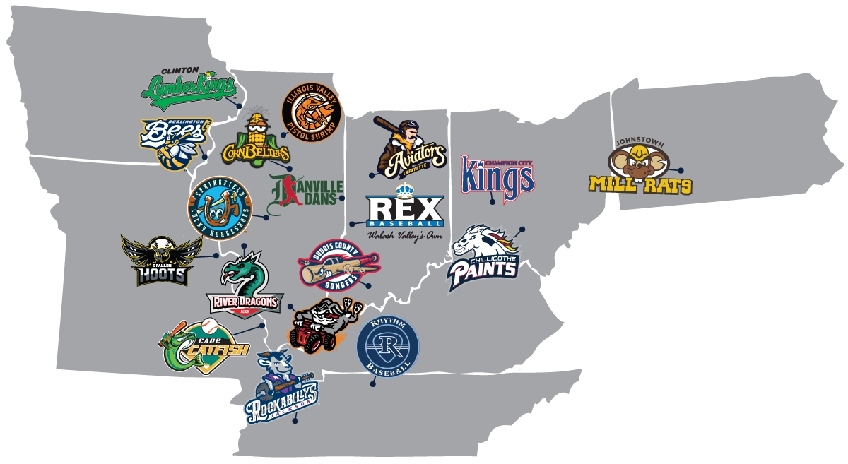 Map of US minor league baseball teams and their logos scattered across gray outlines of states.